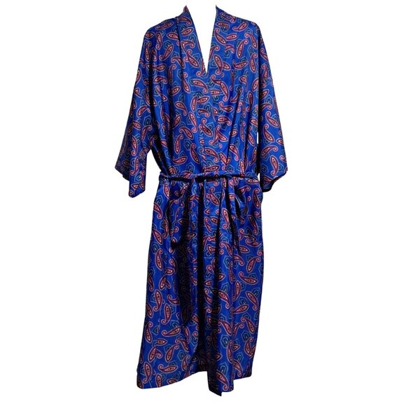 Vintage 70s Bill Blass Royal Blue Paisley Smoking Jacket Robe One Size Made in U - Picture 1 of 7